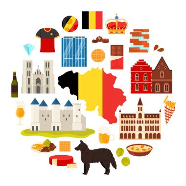 Belçika 'ya seyahat, kültür unsurları ve simgeler, yuvarlak bilgi pankartıyla mimari. Belçika çoban köpeği ve evleri, mantar çorbası ve peynir, patates kızartması ve bira çizgi film çizimi.