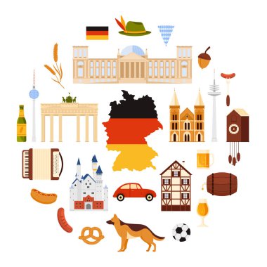 Sosis ve bira, mimari ve anıtlar başlık karikatür çizimi ile daire içinde. Alman kültür unsurları ve Almanya 'nın simgeleri, Oktoberfest elementleri, yuvarlak bilgi pankartıyla yiyecekler