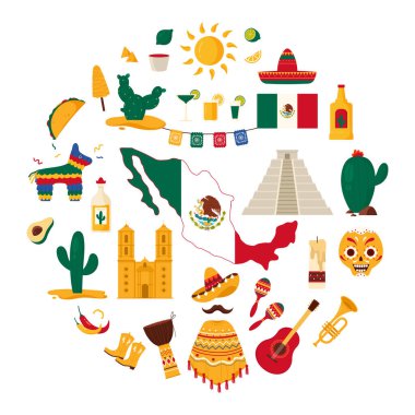 Meksikalı adam bıyığı ve sombrero, panço ve karnaval partisi marakaları, tarih ve kültür simgeleri, karikatür çizimlerinde kaktüsler. Meksika 'ya git. Bilgi pankartı tasarımı.