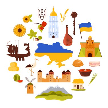 Kyiv kalesi ve kilisesi, buğday ve ayçiçeği, bandura ve köy evi karikatür çizimi. Kent simgeleri ve özgür kültür sembolleri ve bağımsız Ukrayna yuvarlak pankart tasarımı