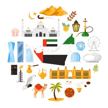 Gelecek Müzesi ve Burj Al Arap Oteli, Pointe alışveriş merkezi, başlık olarak da vektör illüstrasyonları. BAE 'ye seyahat, kültür elementleri ve simgeler yuvarlak bilgi pankartıyla