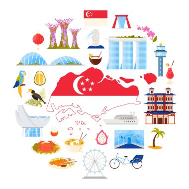 Singapur 'a seyahat, kültür elementleri ve kuşlar, şehir simgeleri ve yuvarlak bilgi pankartıyla anıtlar. Haritanın etrafında Singapur bayrağı çizim çizimi ile yiyecek, doğa ve mimari
