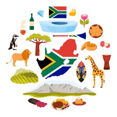 Cape Town Stadyumu, Masa Dağı ve Zulu Maskesi, Vuvuzela boynuzu ve Jembe davulu, Protea çiçek karikatürü vektör çizimi. Güney Afrika 'nın kültür unsurları, doğası ve simgesi.