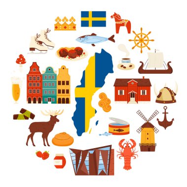 Tarihi binalar, viking gemileri tekerlek ve reçel, daire şeklindeki çizim çizimleri. İsveç 'e seyahat, kültür unsurları ve yiyecek, İsveç başlıklı yuvarlak bilgi pankartıyla işaretler