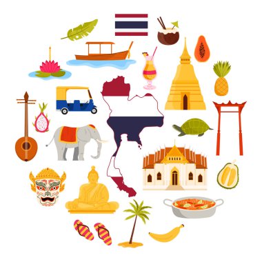 Tayland 'a seyahat, kültür elementleri ve yuvarlak bilgi pankartıyla işaretler. Geleneksel bot ve loy krathong nesneleri, yiyecek ve dev salıncak, daire çizimi çizen büyük Buda