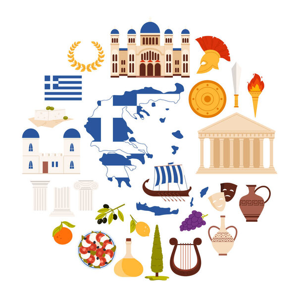 Country flag and ancient Greeks decoration, old ruins and temples, famous food cartoon vector illustration. Travel to Greece round banner design with Greece text and culture elements in circle