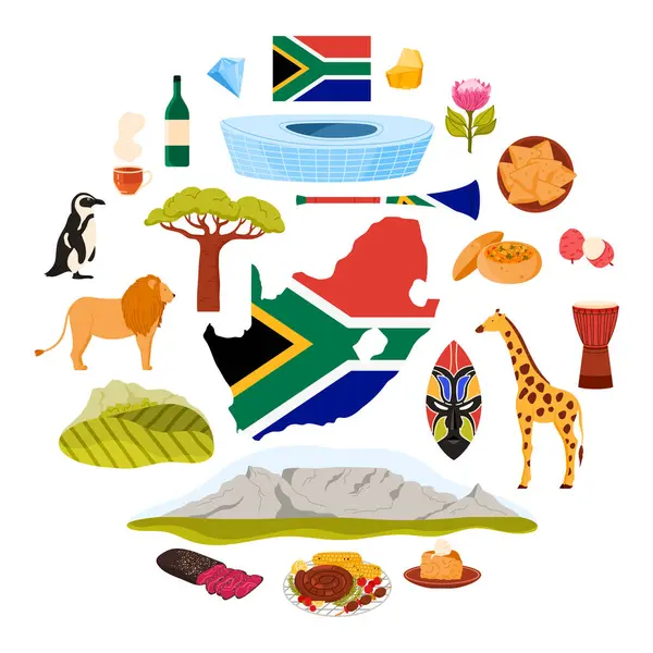 Cape Town Stadyumu, Masa Dağı ve Zulu Maskesi, Vuvuzela boynuzu ve Jembe davulu, Protea çiçek karikatürü vektör çizimi. Güney Afrika 'nın kültür unsurları, doğası ve simgesi.