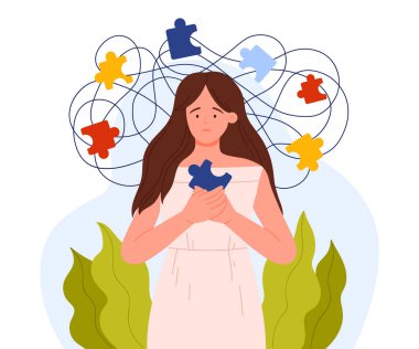 Karışık çizgiler ve renkli parçalarla çevrili bir yapboz parçasını tutan bir kadının tasviri zihinsel zorlukları sembolize ediyor, izole edilmiş vektör çizimleri.