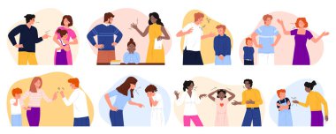 Aile içi şiddet, aile içi şiddet ve aile içi şiddet. Kızgın baba ve anne ağlayan çocuğu cezalandırıyor, evde saldırganlık ve ilişki sorunları toplanıyor çizgi film vektör illüstrasyonu