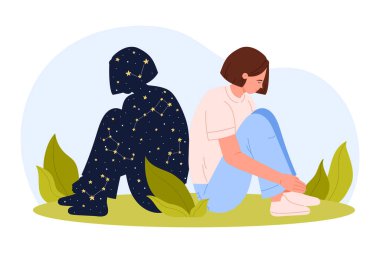 Kendini kabullenme ve empati, içsel duyguların ve duyguların desteği, psikoloji. Yalnız kız, arkadaşının silueti, gece gökyüzü ve yıldızlarla tek başına oturuyor. Çizgi film vektör çizimi.