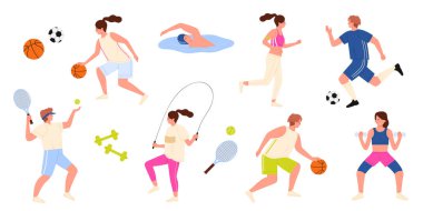 Farklı dinamik fiziksel eğitim eylemlerinde profesyonel sporcular, beden eğitimi setinde spor egzersizleri. Aktif karakterler basketbol, futbol, tenis oynuyor, çizgi film çizimleri çiziyor.