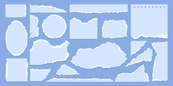 Разорванная или разорванная голубая бумага с грубыми краями. Разнообразие порванных страниц тетради с тенью, записка с поврежденными краями и разрезом, векторная иллюстрация коллекционирования листов из картона