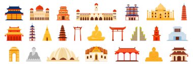 Tapınaklar, kapılar, pagodalar, kemerler ve Buda heykelleri gibi çeşitli geleneksel Asya mimari yapıları. Kültürel ve manevi mirası, vektör illüstrasyonunu gösterir.