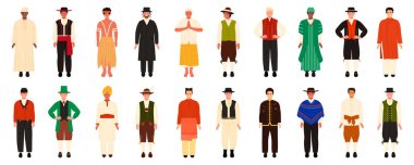 Geleneksel etnik kıyafetleri olan bir halk adamı. Mısır tarihi kostümleri giyen Sırbistan Brezilya Polonya Tayland Danimarka Çin Finlandiya İrlanda Hindistan çizgi film çizimi