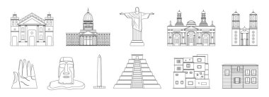 Kiliseler, anıtlar, heykeller ve geleneksel evlerin yer aldığı Latin Amerika 'nın mimari ve kültürel simgelerinden oluşan bir set. Bölgenin zengin mirasını, çizgi vektör illüstrasyonunu yakalar.