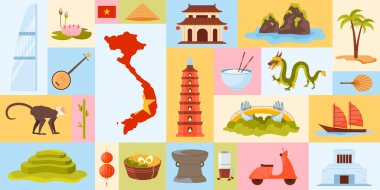 Vietnam 'a seyahat, geometrik afiş tasarımı Vietnam kültürü, dönüm noktaları ve yiyecek. Ülke bayrağı ve geleneksel gıda, mimari ve Vietnam çizgi film çizimleri içeren bir harita.