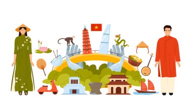 Vietnam 'a seyahat edin, Vietnamlılar milli kolaj pankartıyla kostüm ve şapka, yemek ve kültür unsurları içinde. Altın Köprü, Anıtmezar ve Turistler için Tapınak Çizgi Film Çizimi