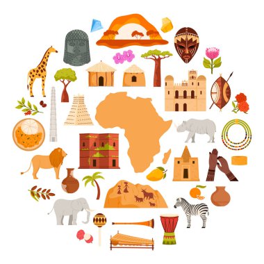Manzaralar ve hayvanlar, Afrika 'nın karikatür vektör illüstrasyonu başlığıyla daireler çiziyor. Afrika 'ya seyahat, Afrika kültür elementleri ve yiyecek, Afrika kıtasının işaretleri ve haritası yuvarlak bilgi pankartıyla