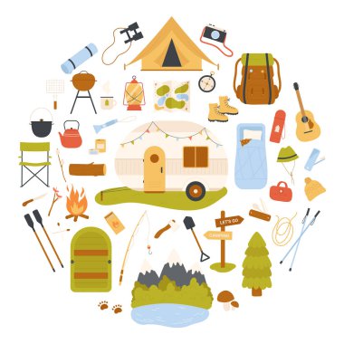 Kamp malzemeleri, çadır, karavan, sırt çantası, aletler ve açık hava aksesuarları da dahil. Macera, doğa keşfi ve vektör illüstrasyonu için mükemmel.