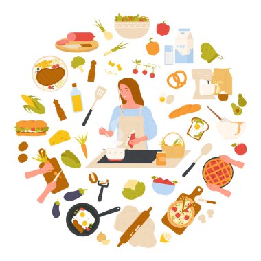 Yetenekli bir kadın taze malzemeler ve çatal bıçaklarla dolu canlı bir mutfakta yemek pişiriyor ve mutfak yaratıcılığını sergiliyor. Bu illüstrasyon onun yemek pişirme tutkusunu vurgular.