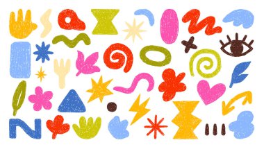 Çeşitli renklerde canlı soyut şekiller ve beyaz bir arkaplanda izole edilmiş biçimler, yaratıcı tasarım projeleri ve sanatsal ilham vektörü çizimi için mükemmel.