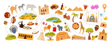 Afrika 'ya seyahat, Afrika kültür unsurları, mutfak ve doğa, kıta boyunca turizm rotasında hayvanlar ve simgeler. Mısır piramitleri, savanalar, antik tapınaklar karikatür vektör çizimleri