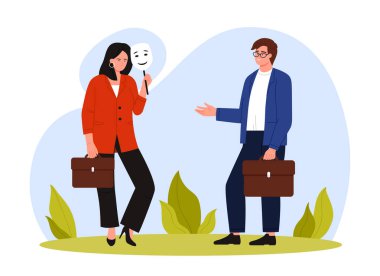 Meslektaşının maskesini tutan iş kadını profesyonel bir ortamda aldatmayı simgeliyor, izole edilmiş vektör illüstrasyonu.