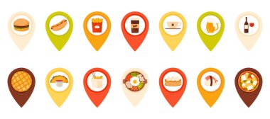 Fast food restoranının, kafeteryanın ve pastanenin lobut yeri. Öğle ve akşam yemeği için GPS noktası, dürüm ve burgerle işaretleyici, hamur köftesi, erişte çizgi film çizimi