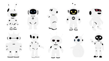 Şirin robotlar, fütürist sohbet robotları seti. Farklı akıllı sohbet robotları anten ve mavi arka planda dostça jestler, karikatür yapay akıllı maskotlar vektör çizimi