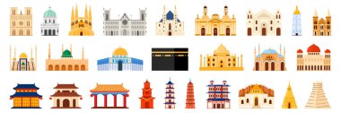 Dünyanın dört bir yanından çeşitli dini binaların toplanması eğitim için mükemmel beyaz arka plan üzerine izole edilmiş seyahat kültürü ve mimari tasarım projeleri vektör çizimi