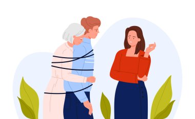 Eş bağımlılık sorunları ve ilişki gerginliğinin altını çizerek, birbirine bağlı bir ebeveyn ve çocuğu gösteriyor. Beyaz arkaplanda izole edilmiş, vektör illüstrasyonu