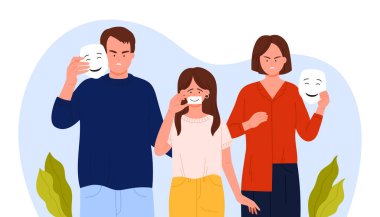 Maske takan aile üyeleri gizli duygularını ve gergin ilişkilerini ortaya koyuyor. İzole edilmiş arka plan vektör çiziminde aldatma ve duygusal istismar kavramı
