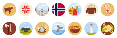 Norveç kültür unsurları, simgeler ve yiyeceklerle Norveç 'e seyahat edin. Fiyortta, miğferde, baltada ve Viking karikatür çizim kılıcında Bergen ve deniz fenerinde evler