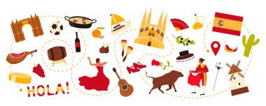 İspanya 'ya seyahat, Flamenko dansı ve boğa güreşçisi, İspanyol kültür unsurları ve simgeleri, ülkeyi dolaşırken yiyecekler. Gitar ve Kastanyetler, Sagrada Familia karikatür vektör çizimi