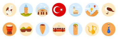 Türkiye 'ye Türk kültür unsurları, simgeleri ve yiyecekleriyle birlikte bir dizi yuvarlak çıkartma seyahat edin. Balonlar, İstanbul tramvayı ve cami çizimleri olan Galata Kulesi ve Kapadokya manzarası