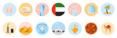 BAE kültür unsurları, simgeler ve yiyeceklerle Birleşik Arap Emirlikleri 'ne seyahat edin. Modern ve eski binalar, Dubai camisi, petrol ve çöl deve çizgi filmi çizimi