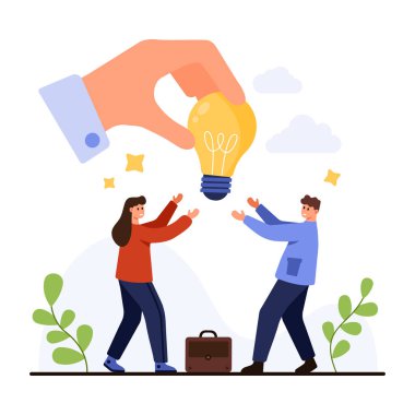 İş adamları, beyaz arkaplan vektör ilülasyonunda izole edilmiş yeni fikir takım çalışmasını ve başlangıç başarı kavramını sembolize eden büyük ampul alıyorlar