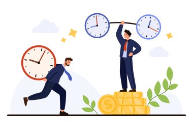 Saat taşıyan bir iş adamı ve sikkelerin üzerinde duran bir başka kaldırma saati beyaz arka plan vektör illüstrasyonunda izole edilmiş zaman yönetimi, üretkenlik, finansal büyüme ve çalışma verimliliğini sembolize ediyor