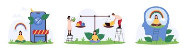 Stres yönetimi, refah, yaşam iş dengesi. Küçük insanlar gökkuşağı ve dijital detoks özgürlüğü üzerine zen meditasyonu seçiyorlar, kariyer ve kalp simgelerini karikatür vektör çizimleri üzerine tartıyorlar.