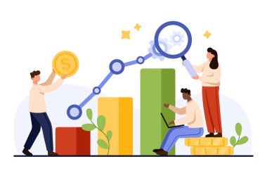Şirket iş büyümesinin analizi, borsa kar artışı ve istatistiksel ilerleme. Büyüteçle küçük insanlar büyüyen finans eğilimleri çizim çizelgesini analiz ederler.