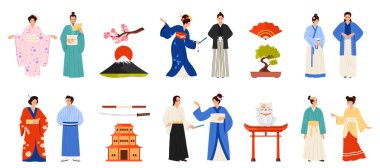 Geleneksel kostümler giymiş Japonlar. Kadın ve erkek ulusal kıyafetler içinde, erkek ve kadın karakterler farklı kimono giyiyorlar ve ellerinde kağıt yelpaze, şemsiye karikatür vektör çizimi tutuyorlar.