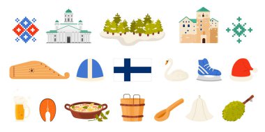 Finlandiya 'ya seyahat, kültür unsurları ve simgeler, gıda ve etnik süs. Fin bayrağı ve Helsinki Katedrali, somon dilimi ve balık çorbası, Noel Baba şapkası ve kuğu çizgi film çizimi