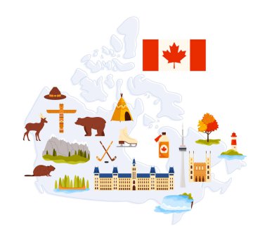 Kanada 'ya hoş geldiniz. Ülke haritasında kültür unsurları, manzara, hayvan ve dönüm noktaları olan pankart tasarımı. Parlamento binası ve deniz feneri, Niagara Şelalesi karikatür çizimi