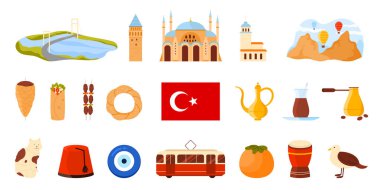 Türkiye 'ye seyahat, Türk kültür unsurları ve yiyecek, bayrak, doğa ve mimari simgesi. Galata Kulesi Müzesi ve Mavi Cami, Boğaz Köprüsü, Kapadokya manzara çizimi vektör çizimi