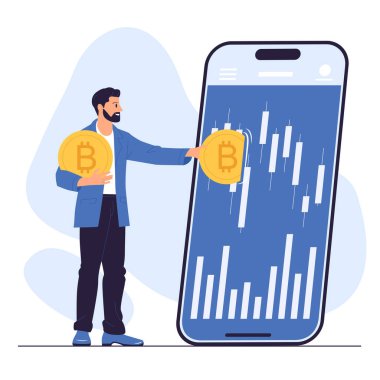 Bitcoin, fintech, kripto para piyasasında BTC ticareti, kriptografi yatırımları. Altın jetonlu ve analitik grafiği olan mutlu küçük adam akıllı telefon ekranlı vektör çiziminde büyüyor.