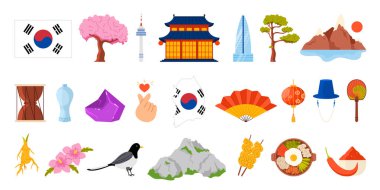 Güney Kore 'ye seyahat, bir dizi ünlü kültür unsurları ve simgeler, yiyecek ve turistik yerler. Gyeongbokgung Sarayı ve Jeju Adası manzarası, kimchi ve bibimbap karikatür çizimi