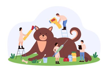 Tıbbi aletlerle büyük bir kediye veteriner bakımı yapan küçük insanların vektör çizimi, hayvan sağlığı hizmetlerini, veterinerlik hizmetlerini ve bakım ortamındaki hayvan sağlığını ön plana çıkarıyor..