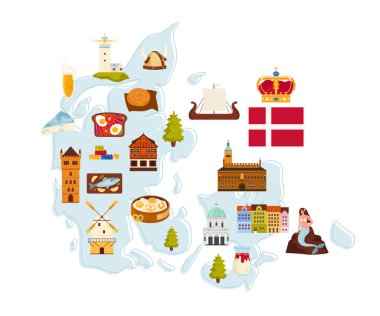 Danimarka 'ya seyahat, ünlü kültür sembolleri, ülke simgeleri ve Viking mirası, bilgi haritasındaki yiyecekler. Rosenborg Kalesi ve Frederiks Kilisesi, deniz kızı ve drakkar teknesi çizim çizimi