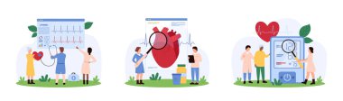 Kalp sağlığı kontrolü, kardiyovasküler sistem kontrolü, kardiyoloji seti. Minik kardiyologlar kalbi steteskopla dinler, insanlar EKG raporunu büyüteç karikatür çizimi ile araştırır.