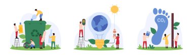 Sürdürülebilirlik ve geri dönüşüm projesi geliştirme seti. Küçük insanlar karbon ayak izini cetvel, sıralama ve ayrı atık ile ölçer, CO2 emisyon çizgi film çizimi çizimi azaltmak için güneş enerjisi kullanır